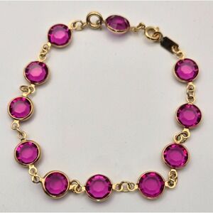 VTG SWAROVSKI Crystal Ruby Pink Bezel Set Channel Link Chain Bracelet w Extender